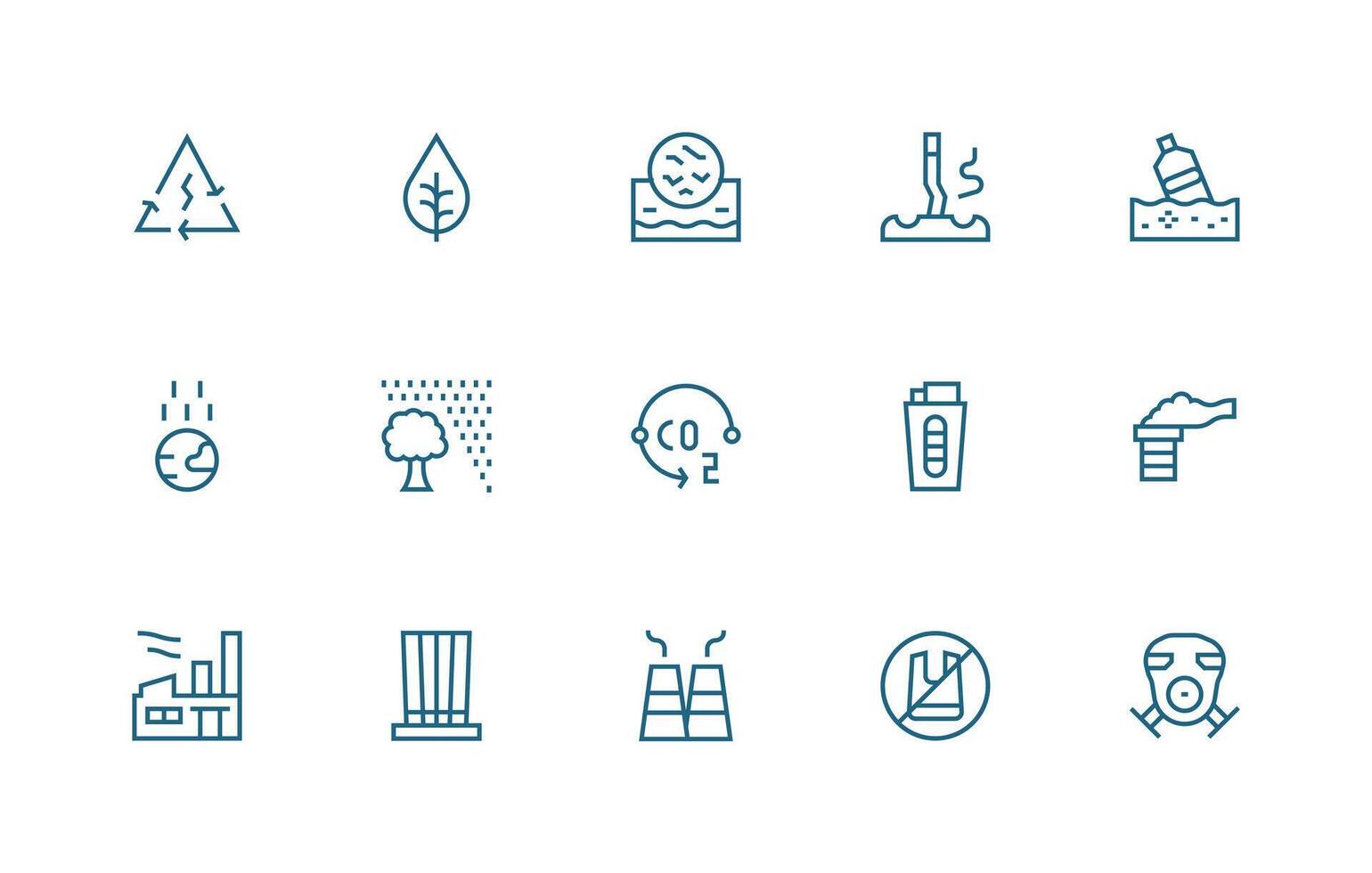 Pollution Design Icons featuring 15 in Regular Line Style Organized Pack for Project Assets vector