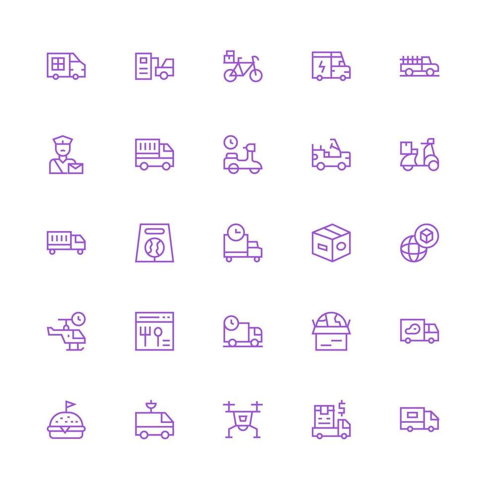 Delivery Service Design Icons featuring 25 in Medium Stroke Outline Style Responsive Icon Set for Flexible Layouts vector