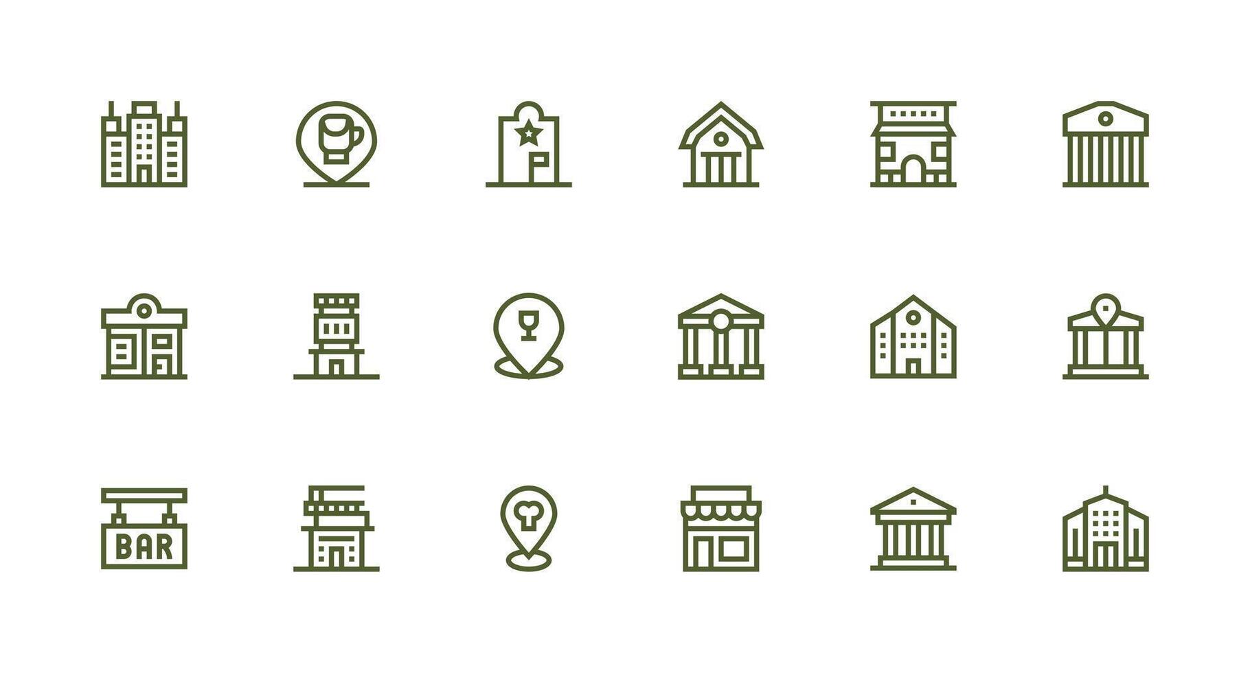 Establishment featuring 18 Icons in Strong Stroke Line Design Web and App Icon Pack Collection vector