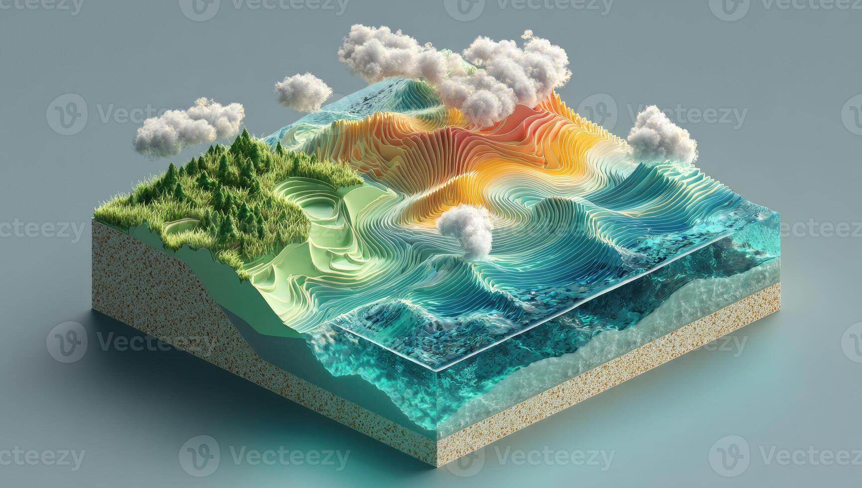 A 3d model of a wave with clouds and trees photo