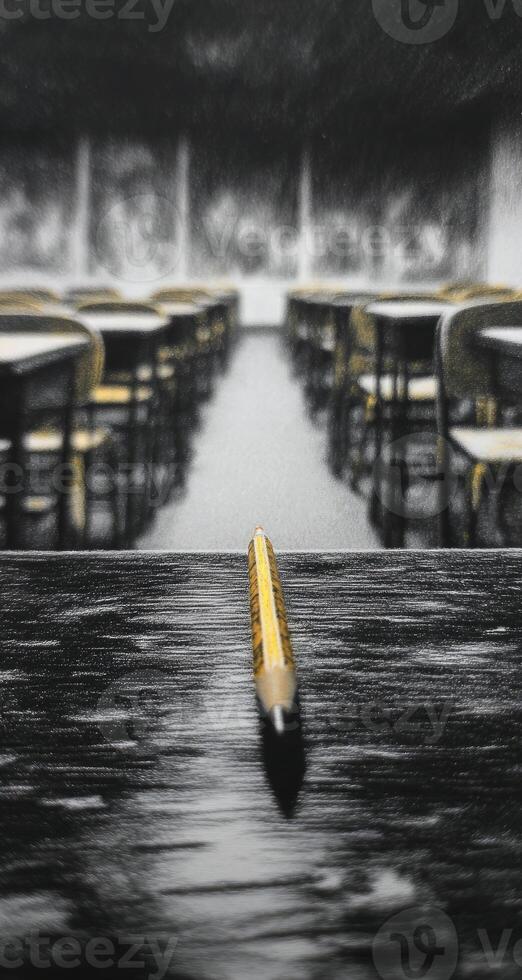 A pencil is sitting on a table in front of empty chairs photo