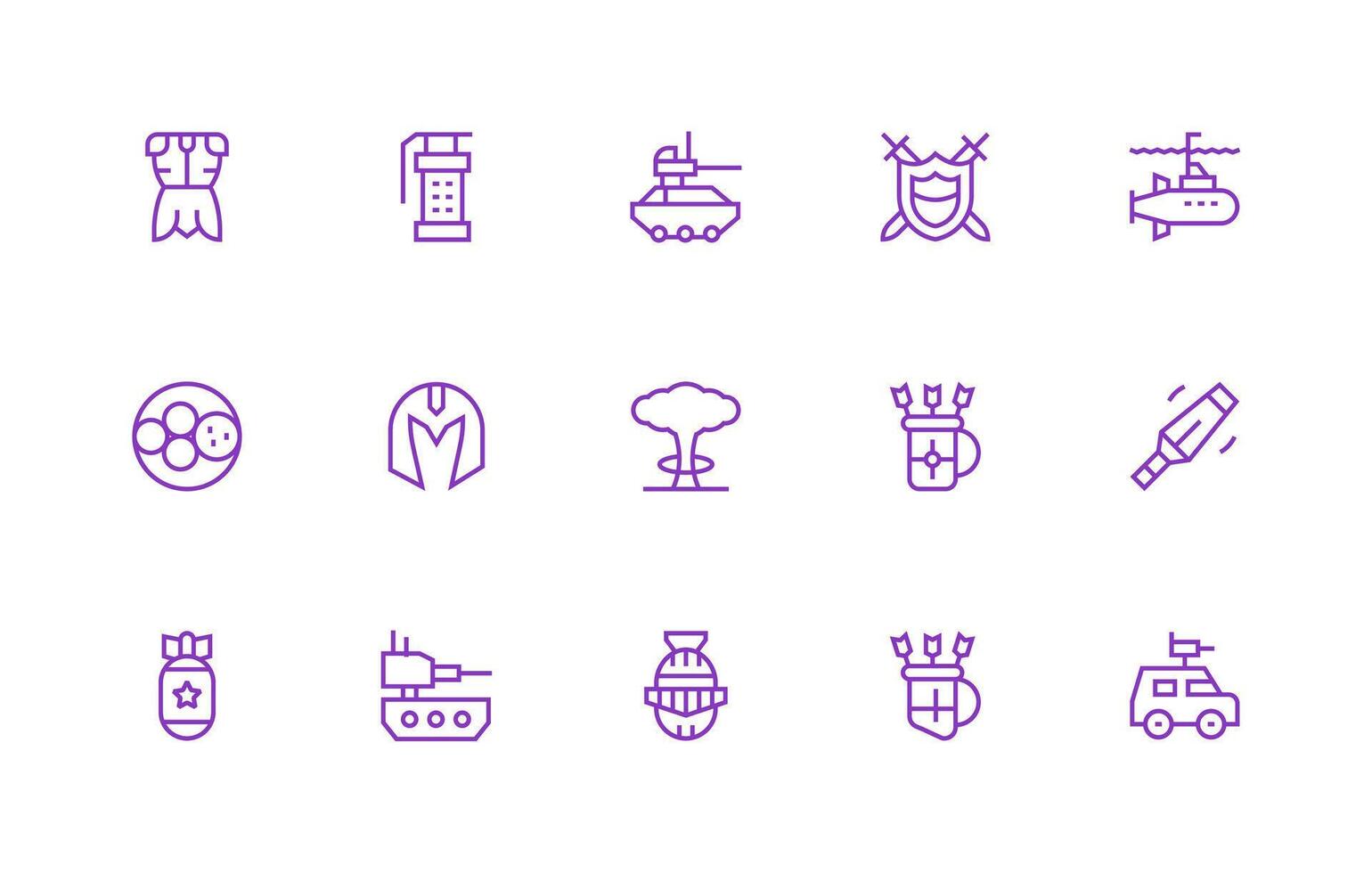 Weaponry featuring 15 Icons in Regular Line Design Clean Icon Collection for Web Use vector