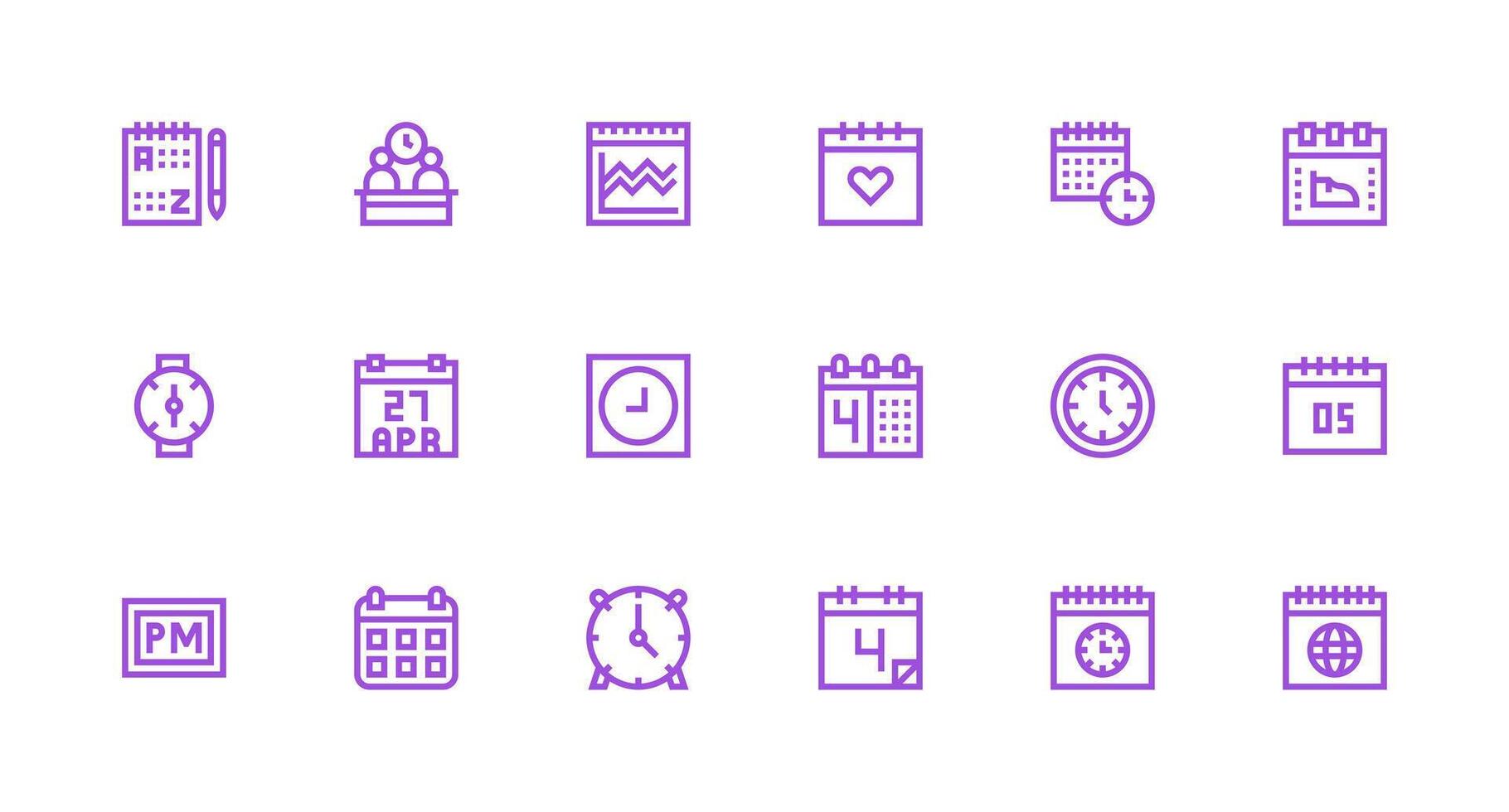 Calendar Design Icons featuring 18 in Strong Stroke Line Style Responsive Icon Set for Flexible Layouts vector