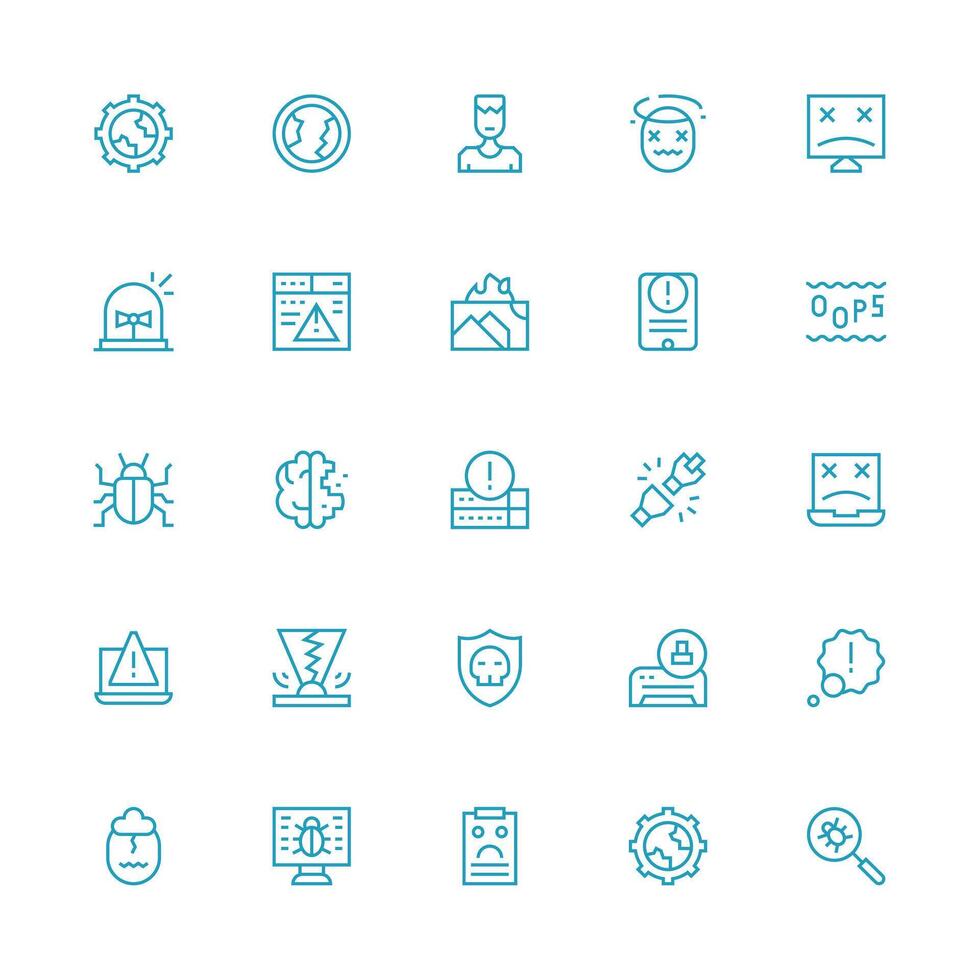 25 Icons for Malfunction in Medium Stroke Outline Format Complete Icon Set for Mobile Apps vector