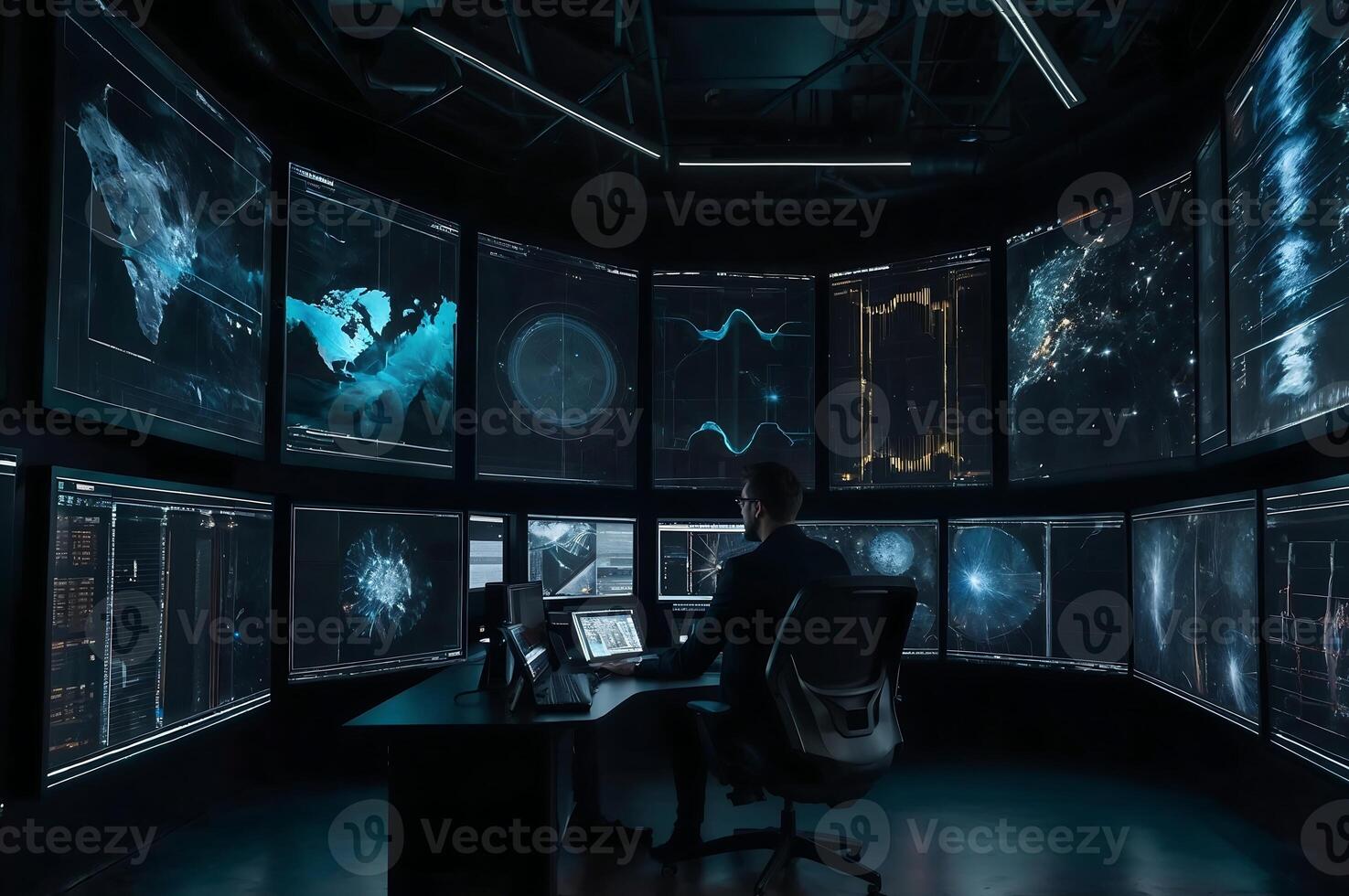 Futuristic Multiple Screens Displaying Complex AI Neural Network photo