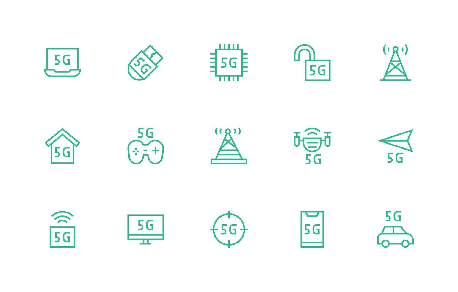 5G Design Icons featuring 15 in Regular Line Style Complete Icon Bundle for Web Design vector