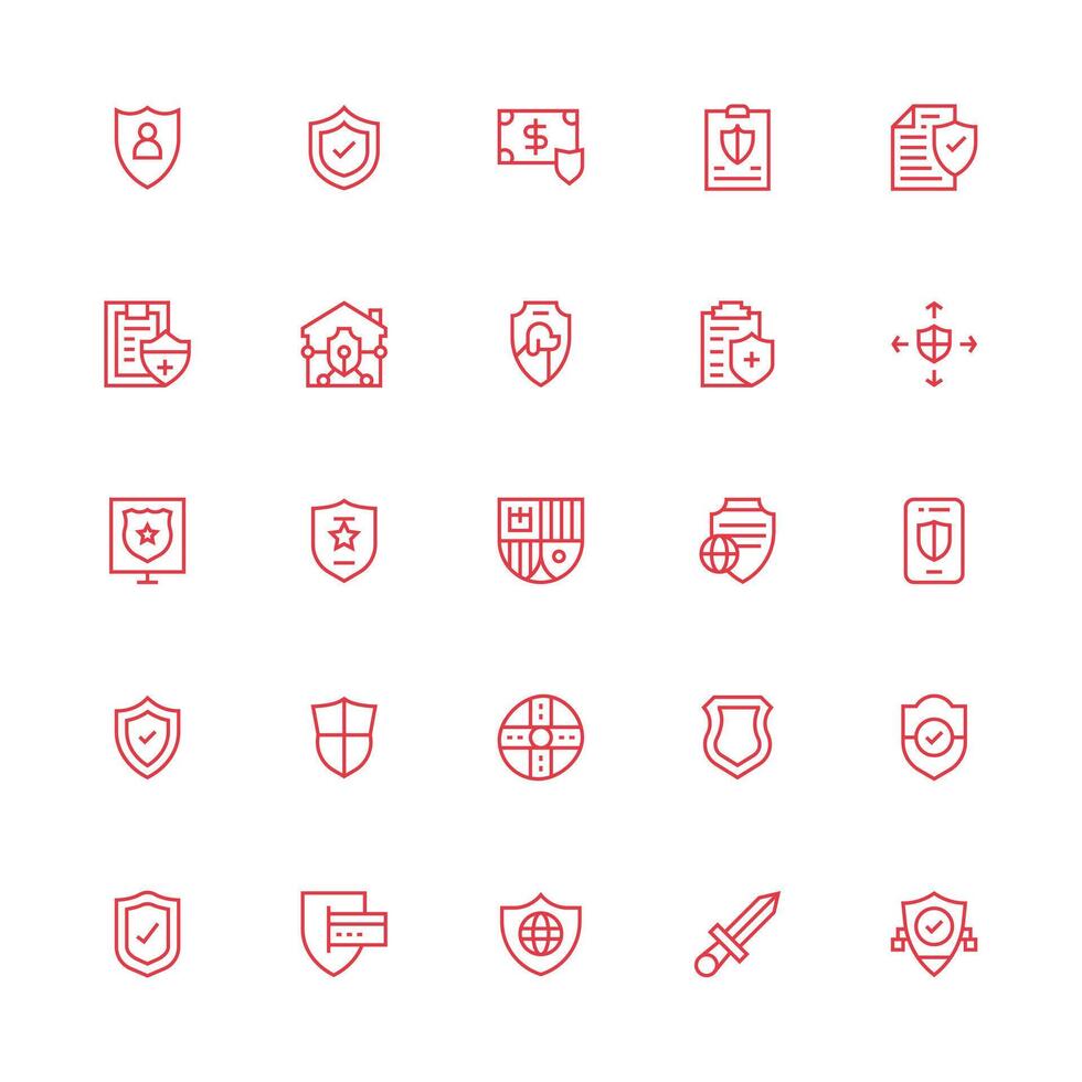 Medium Stroke Outline Style Shield Icons with 25 Vectors Icon Set for Web