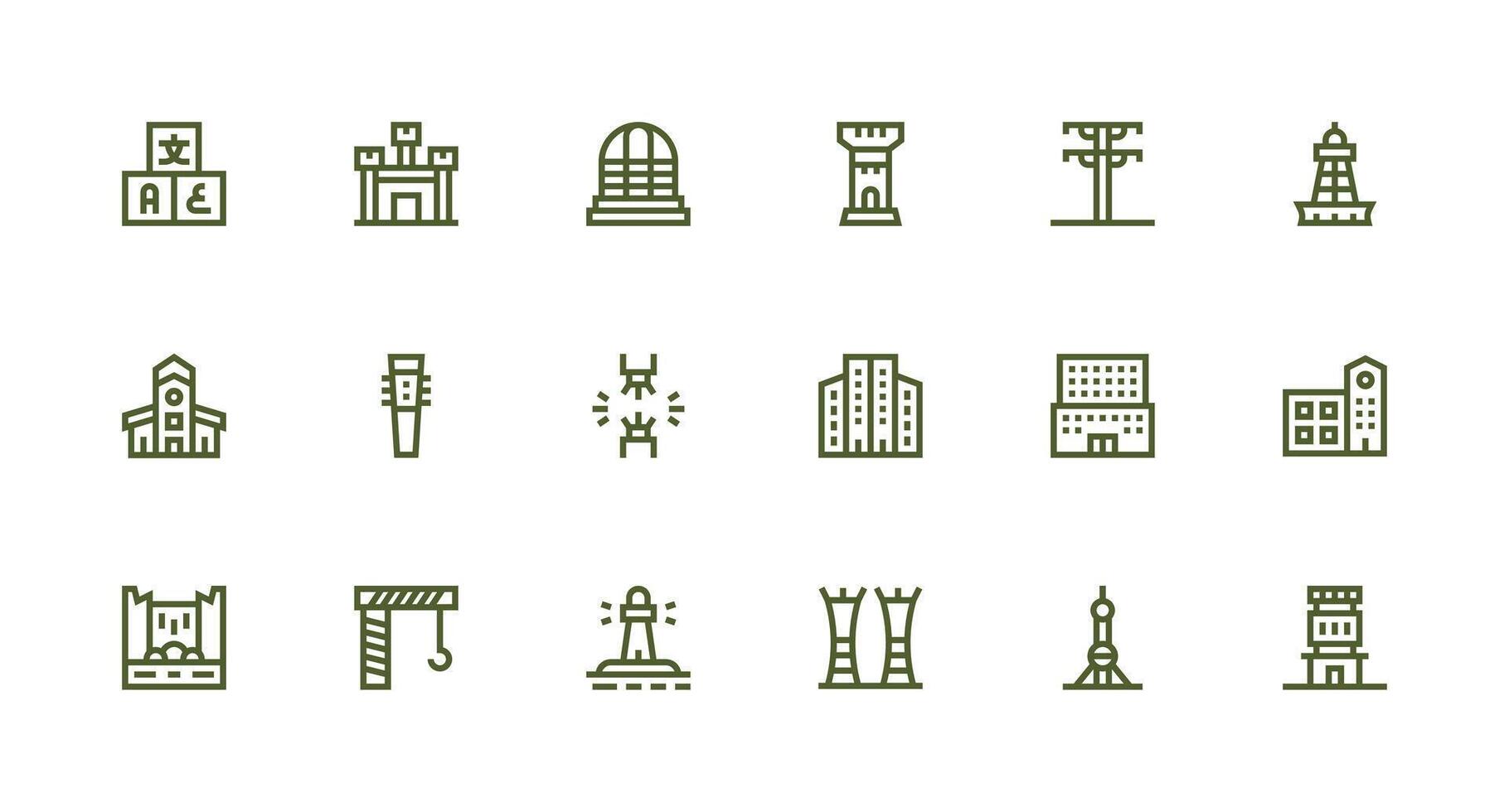 18 Icons for Tower in Strong Stroke Line Format Full Icon Library for UI Designers vector