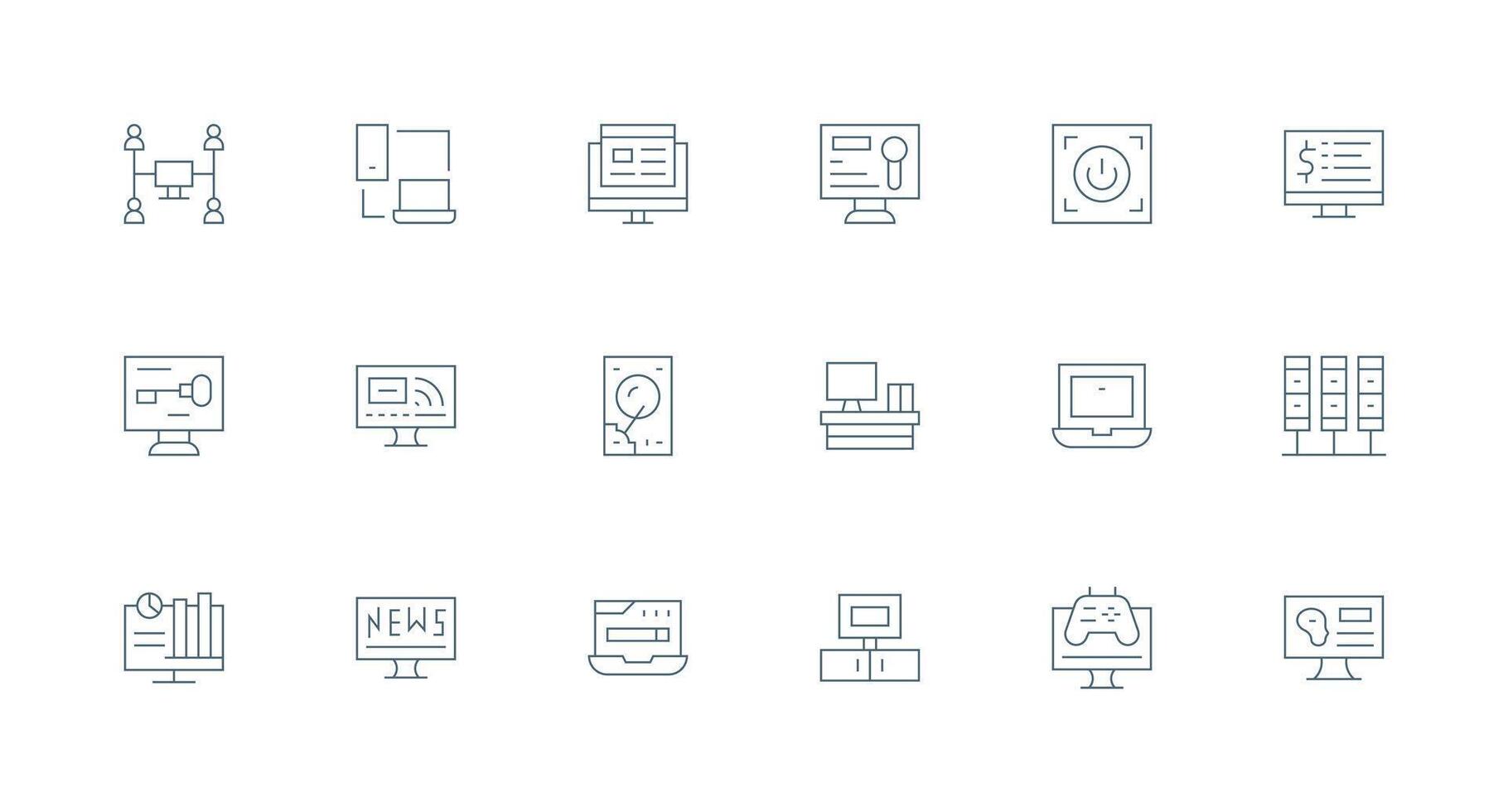 18 Minimal Line Style Icons from Computer Collection Organized Icon Pack for Quick Access vector