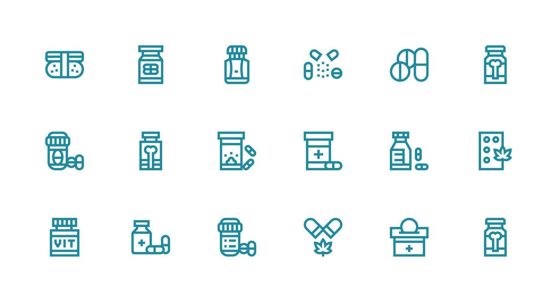 Pills Design Icons featuring 18 in Strong Stroke Line Style Clear and Concise Icon Set Collection vector