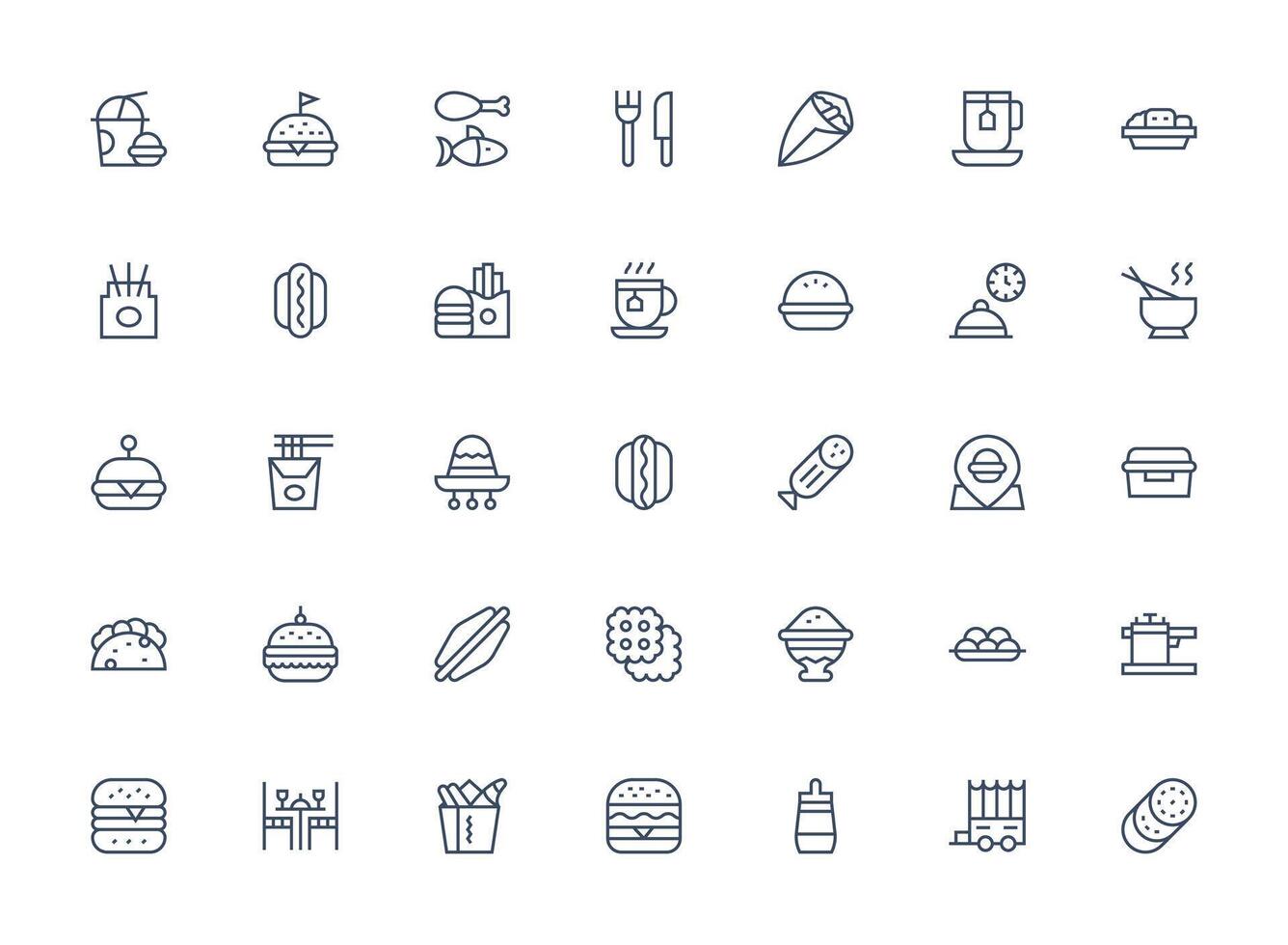 Lunch Visual Pack containing 35 Regular Clean Line Icons Scalable Icons for Cross-Platform Interfaces vector