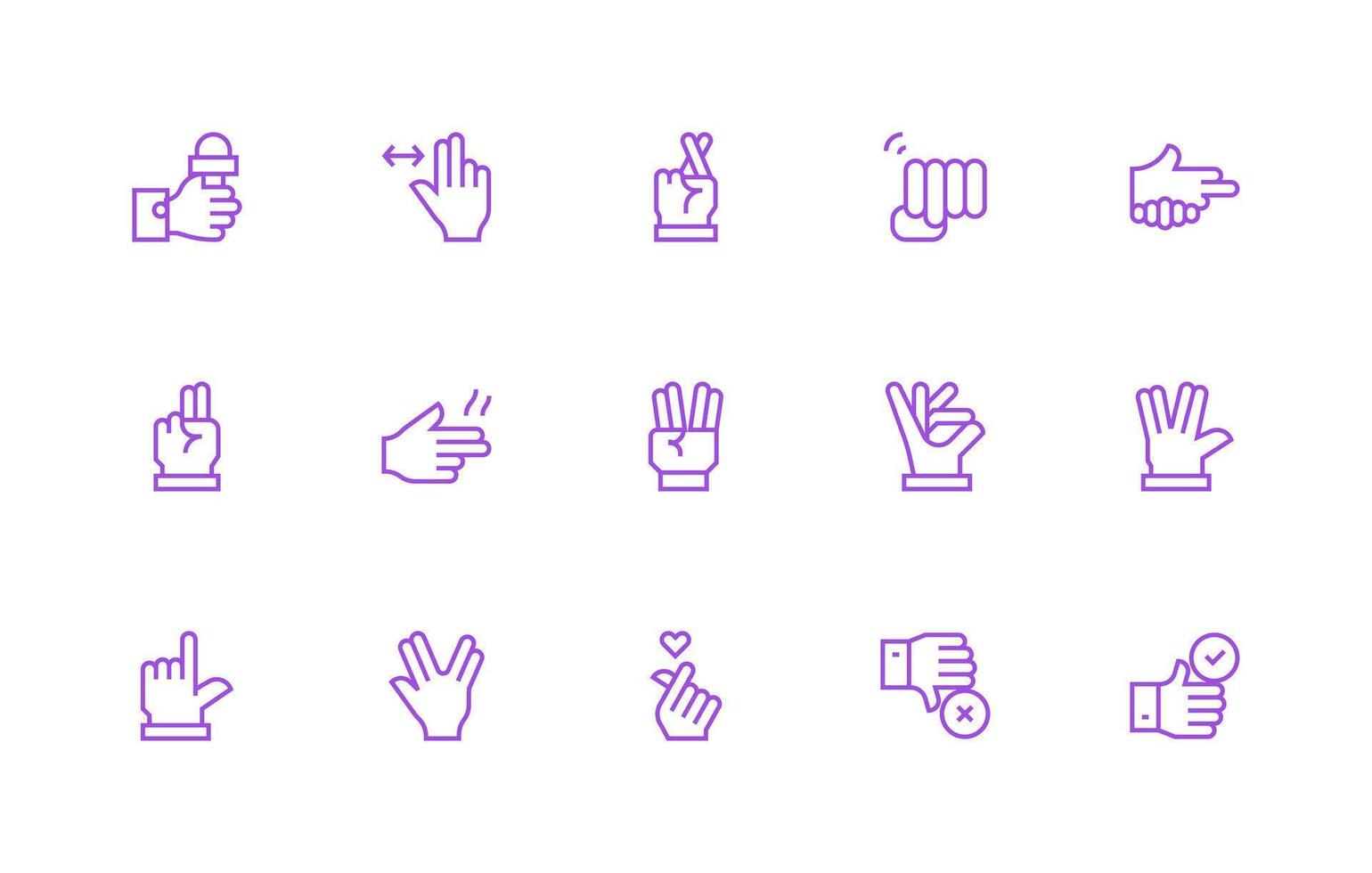 Hand Gesture Design Icons featuring 15 in Regular Line Style Reusable Icon Set vector