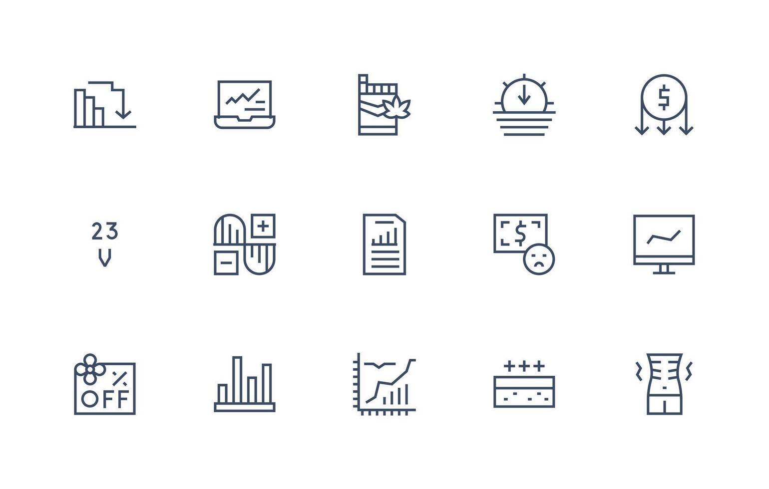 Regular Line Style Decrease Icons with 15 Vectors Professional Icon Pack for Development Work