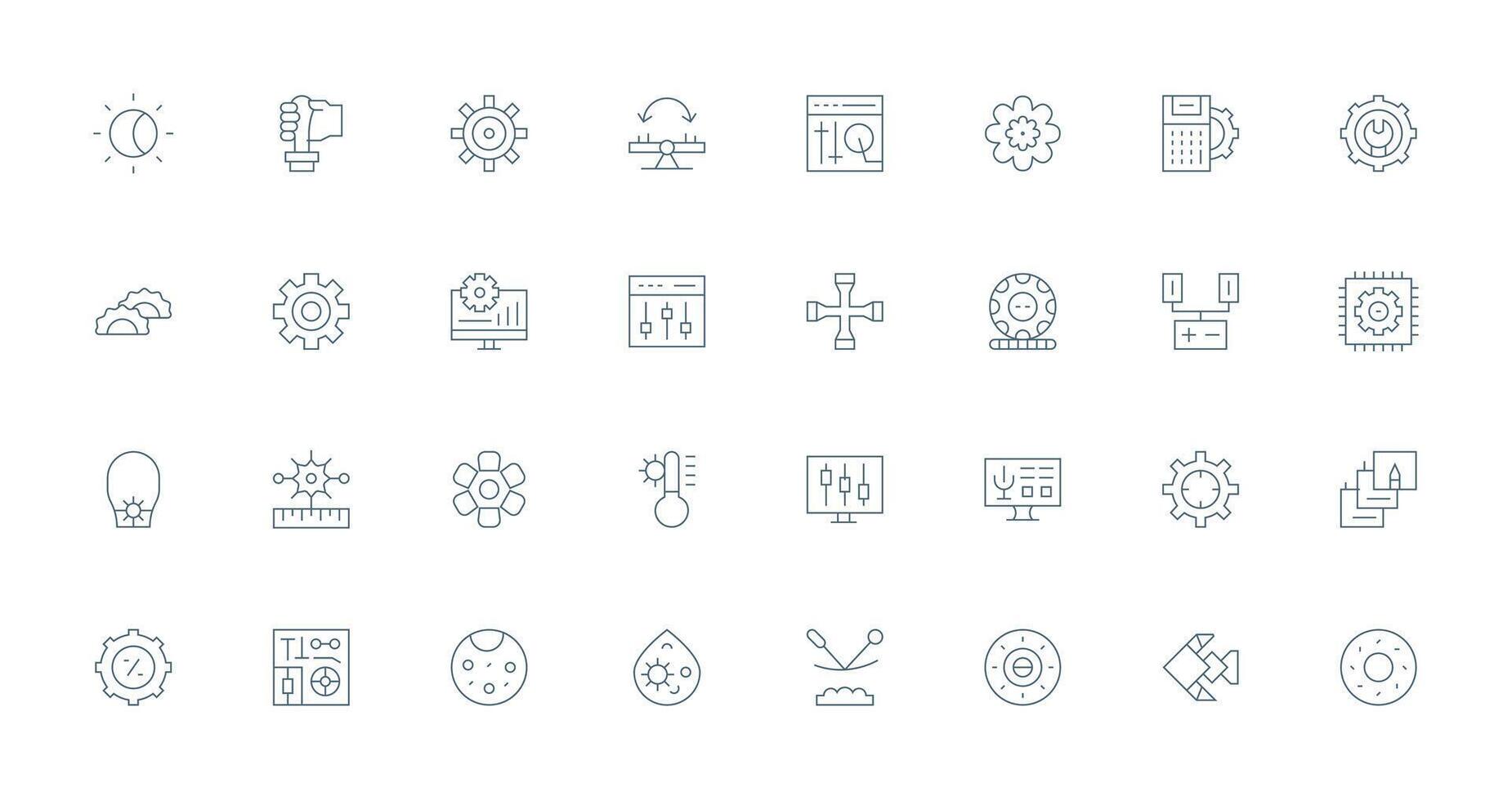 32 Adjustment Icons in Thin Line Aesthetic Icon Set for Web vector