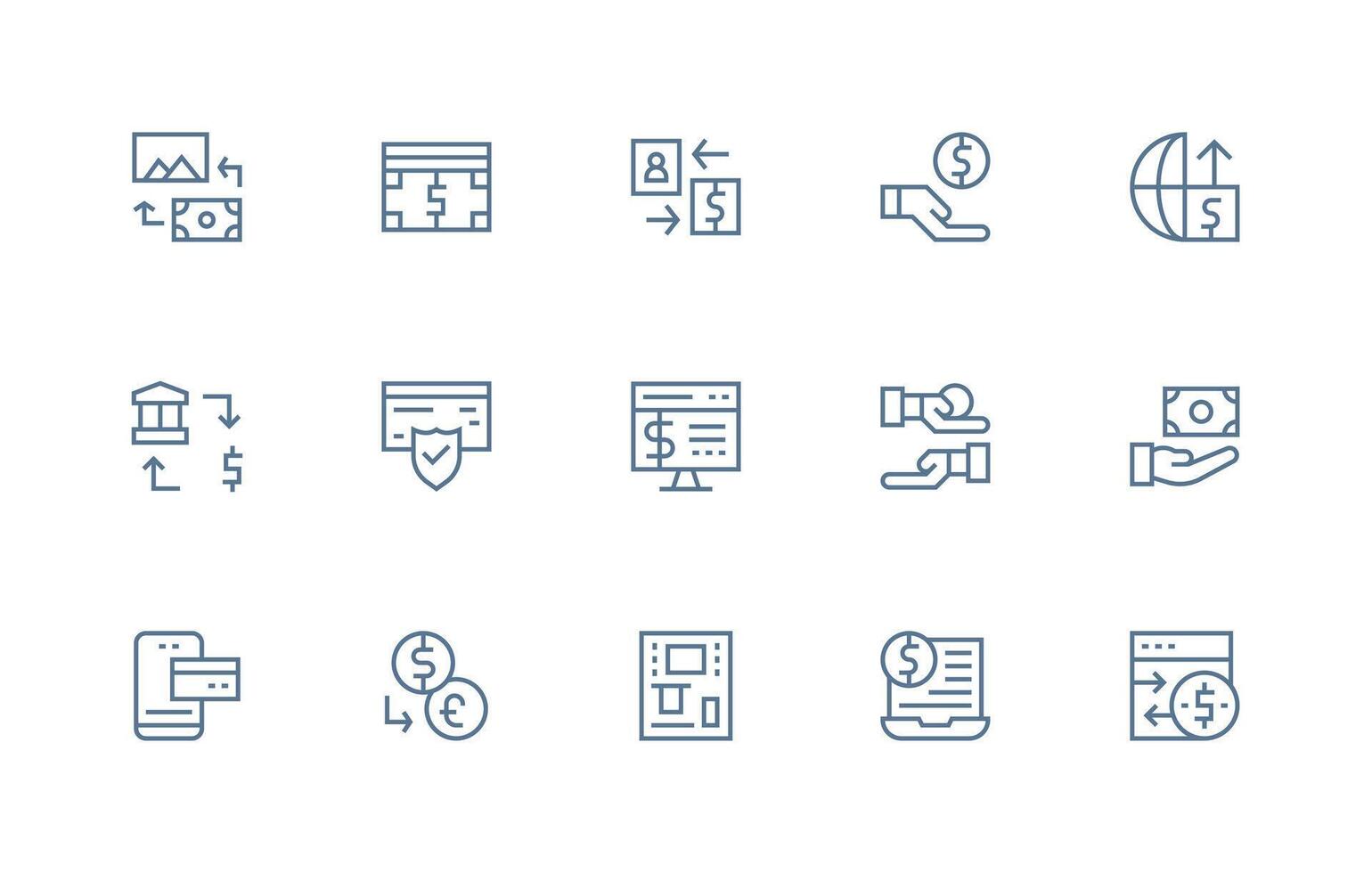 Money Transfer Icon Collection with 15 Regular Line Designs Neatly Designed Icons for Web Platforms vector