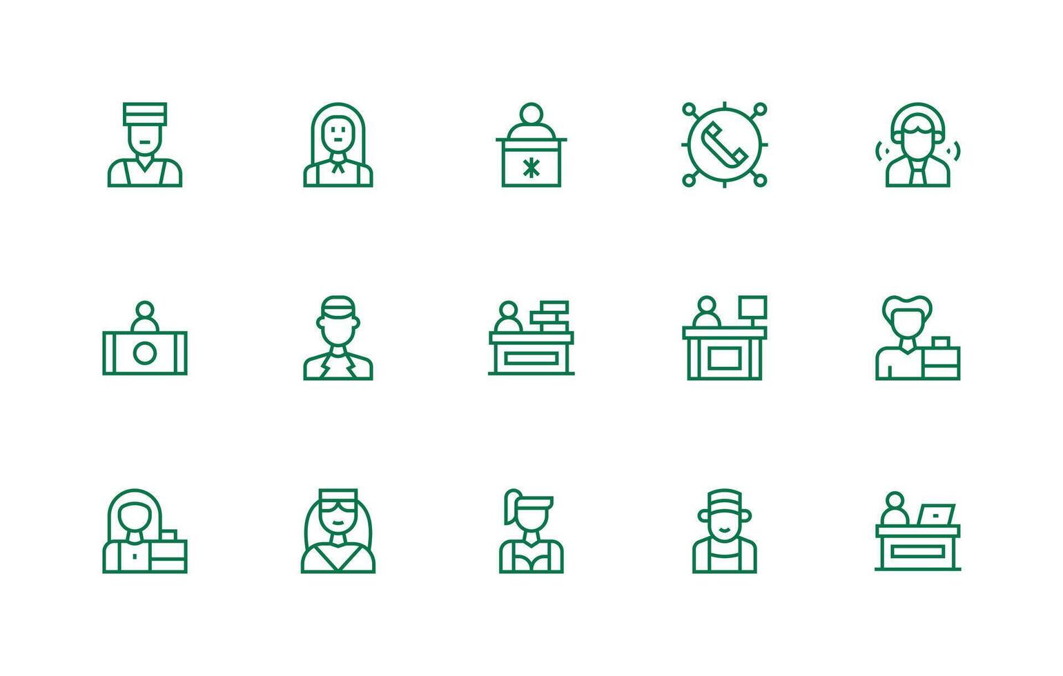 Receptionist Icon Set with 15 Regular Line Graphics App Icon Pack vector