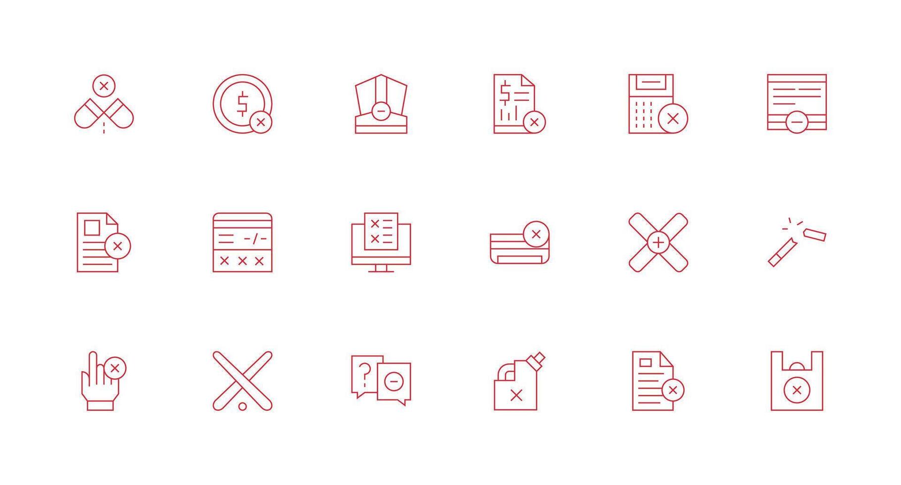 Cancel Icon Set with 18 Minimal Line Graphics Lightweight Icon Series vector