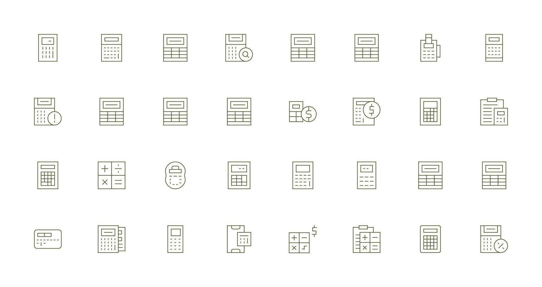 Calculator featuring 32 Icons in Thin Line Design Multi-Style Icon Collection vector