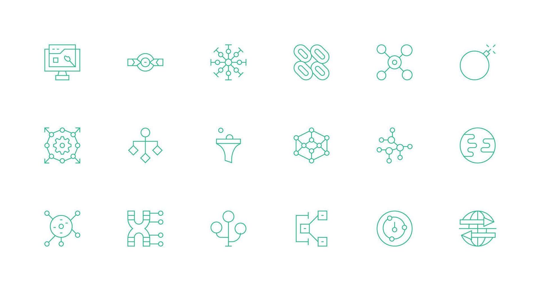 flujo de datos presentando 18 íconos en mínimo línea diseño ui y ux enfocado icono colección vector