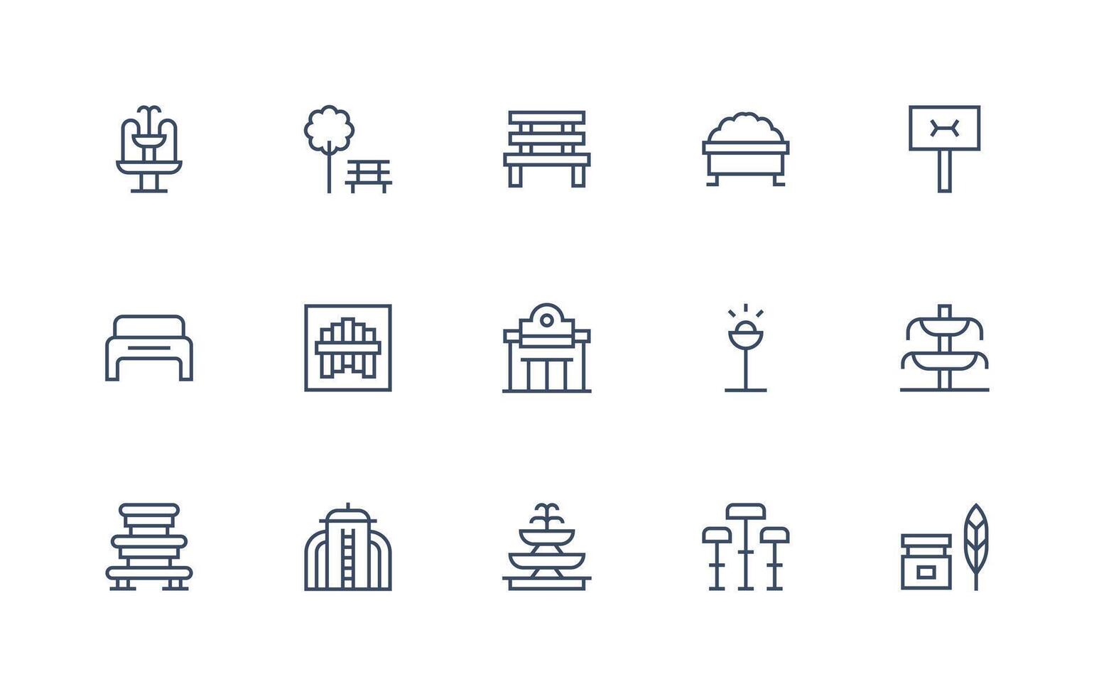 Public Space Design Icons featuring 15 in Regular Line Style Simplified Icon Pack for Visual Tools vector