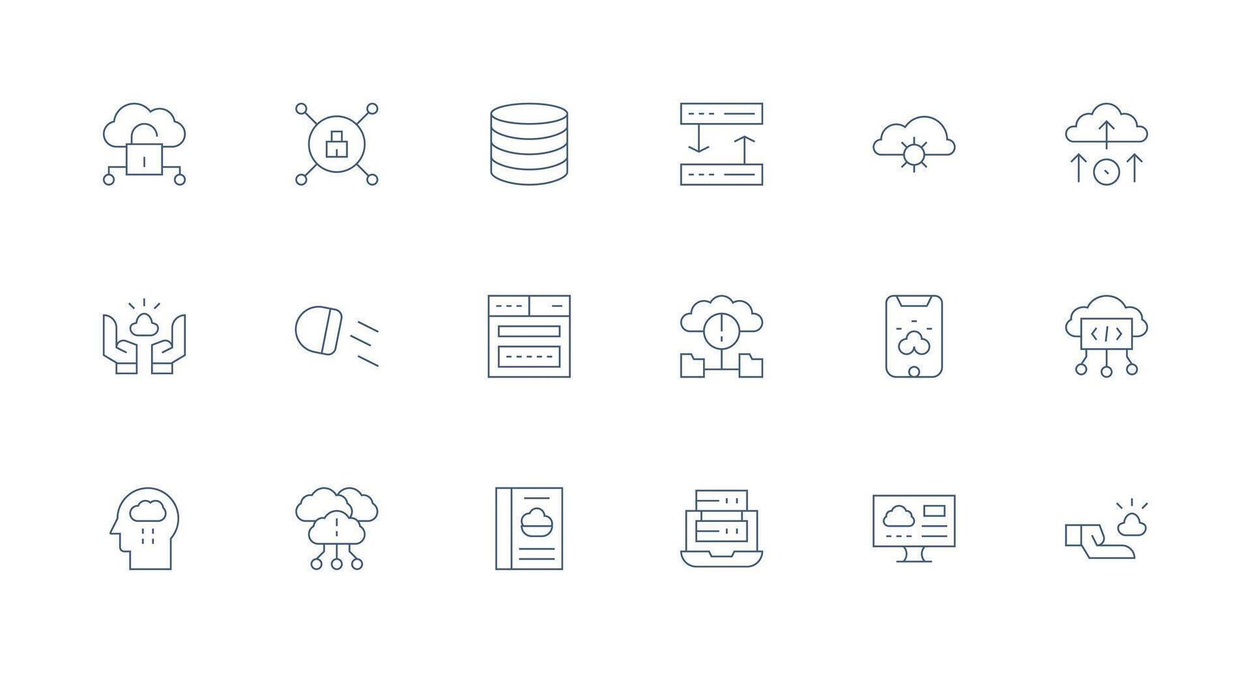 nube informática conjunto con 18 mínimo línea íconos alta resolución íconos para ninguna plataforma vector