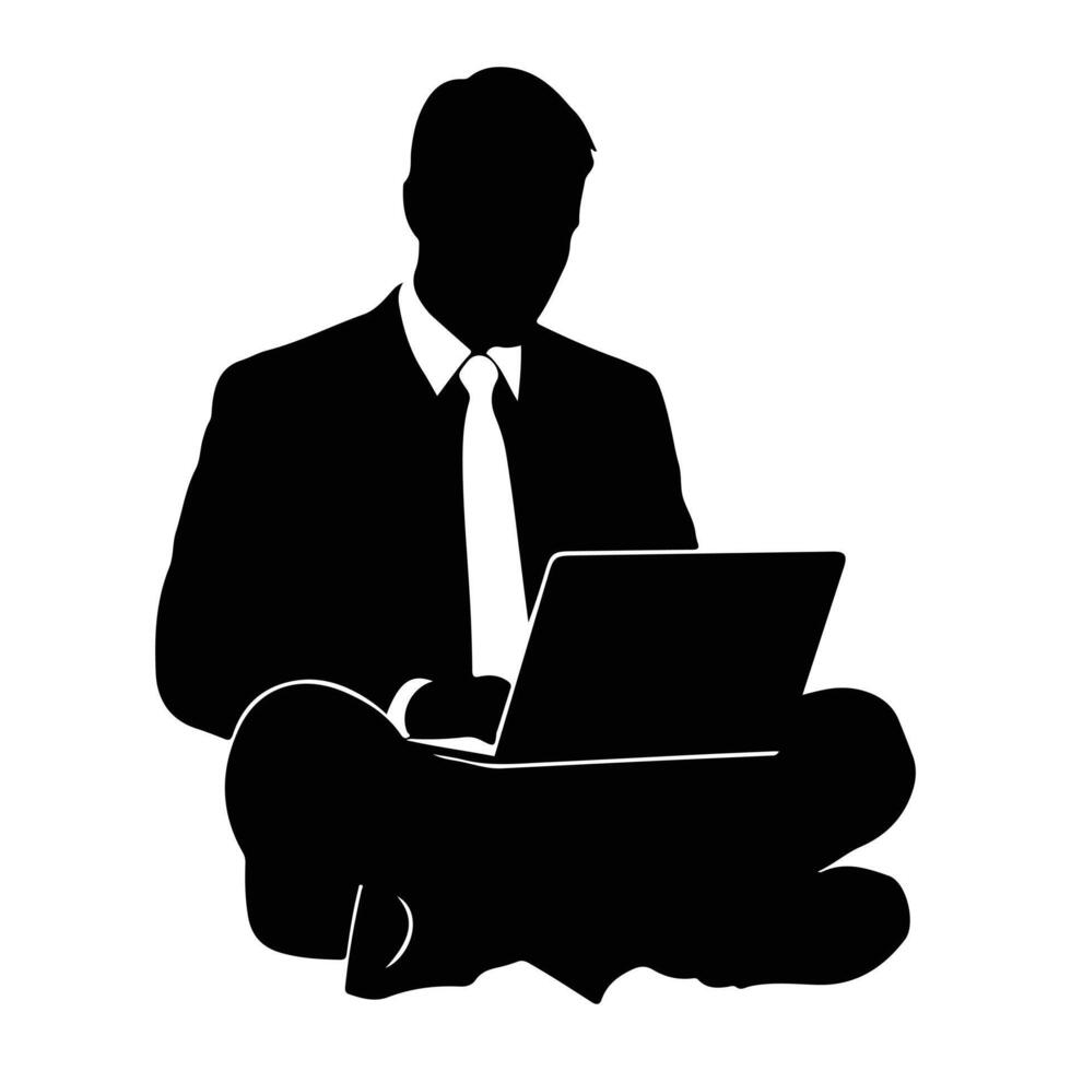Man in suit using laptop cross legged computer vector