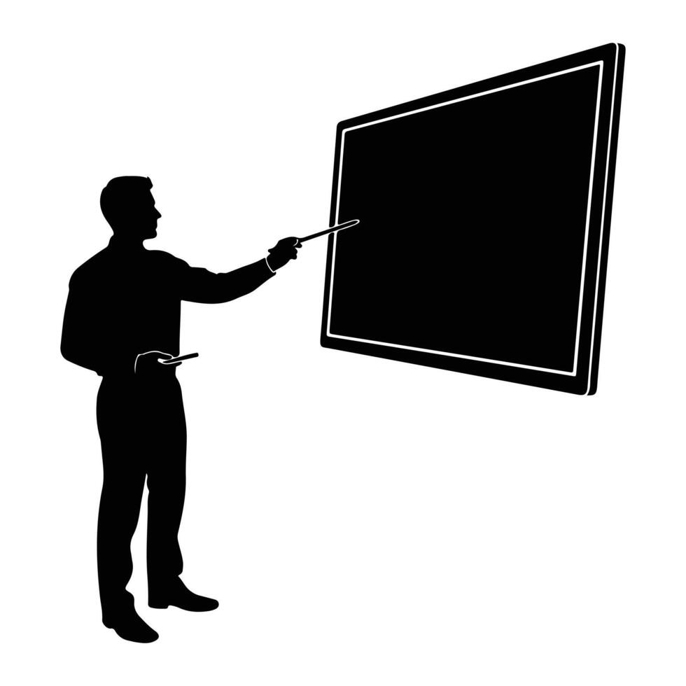 Man pointing at blackboard with pointer silhouette vector