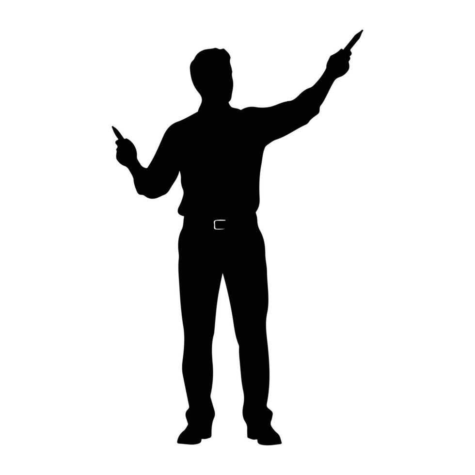 Man pointing with pens silhouette gesturing vector