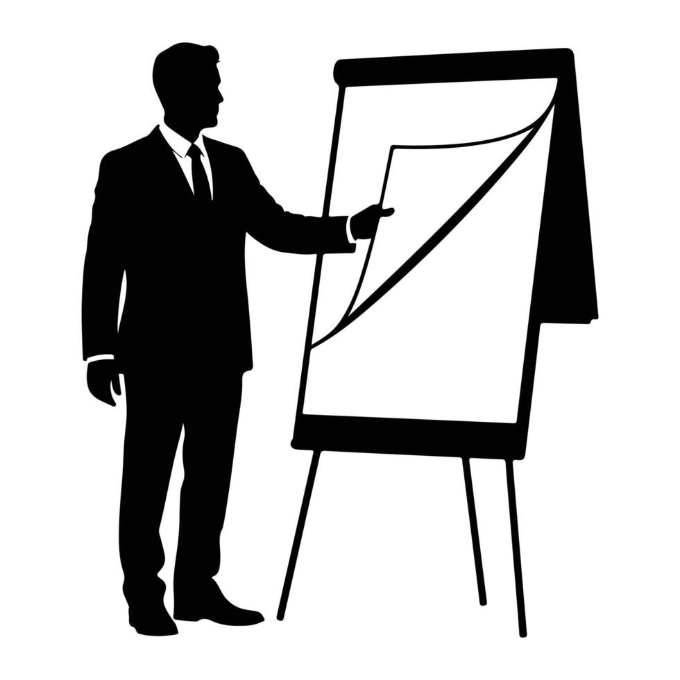 Man points at flip chart presentation silhouette suit vector