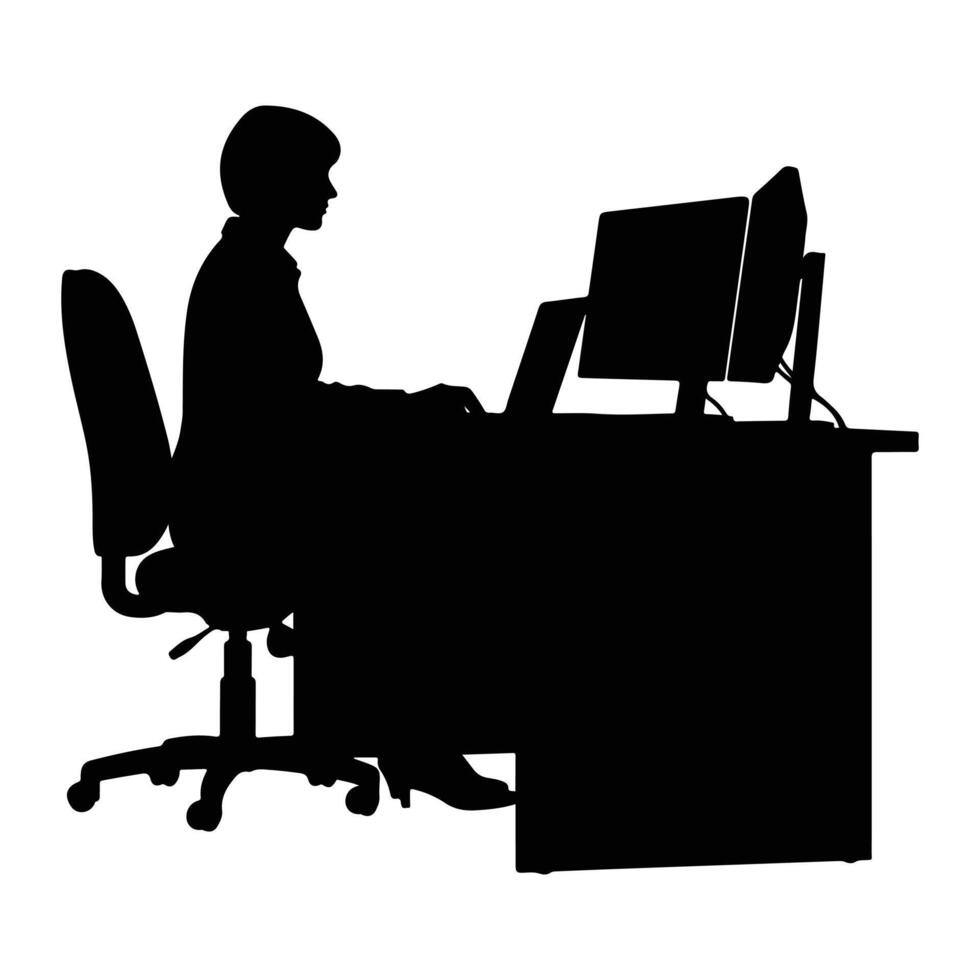 Person working at desk with computers silhouette laptop vector