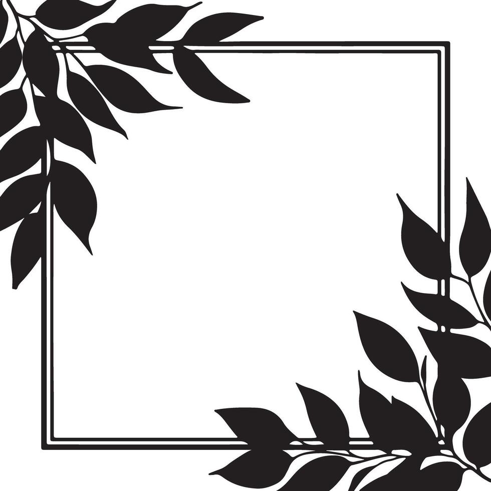 A black and white frame with leaves, featuring a floral and natural design, decorated with branches and bamboo, creating a simple yet elegant border vector