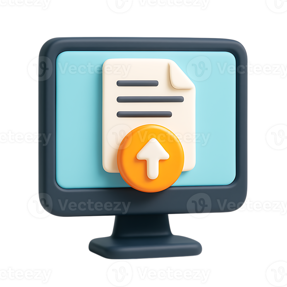 un 3d representación de un computadora monitor mostrando un documento subir icono, aislado en transparente antecedentes png