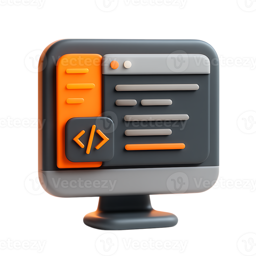 3d computador monitor com código ícone, isolado em transparente fundo png