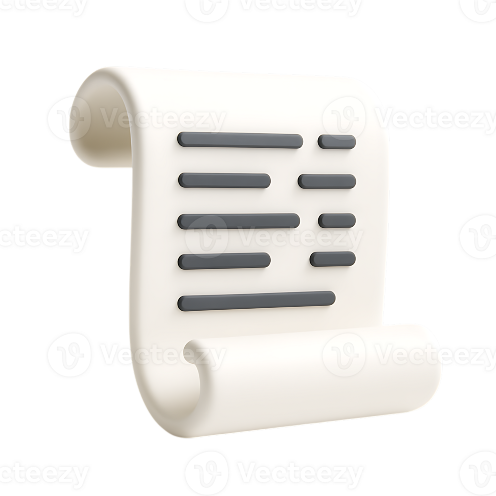 A 3d rendering of a white scroll with grey text, isolated on transparent background png