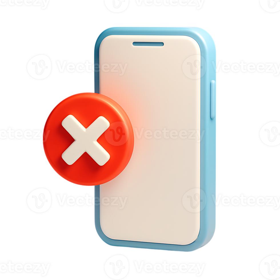 un' 3d interpretazione di un' smartphone con un' rosso attraversare icona, isolato su trasparente sfondo png