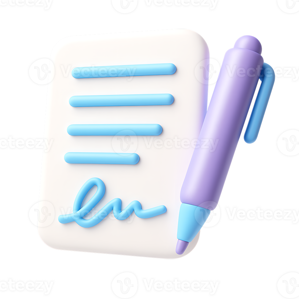 A 3d rendering of a document with a signature and pen, isolated on transparent background png