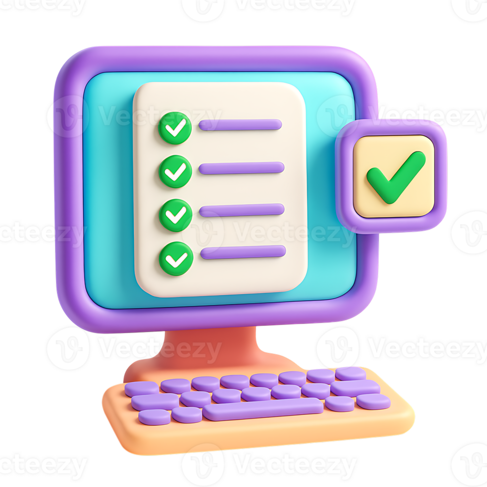 un 3d representación de un computadora pantalla demostración un Lista de Verificación, aislado en transparente antecedentes png