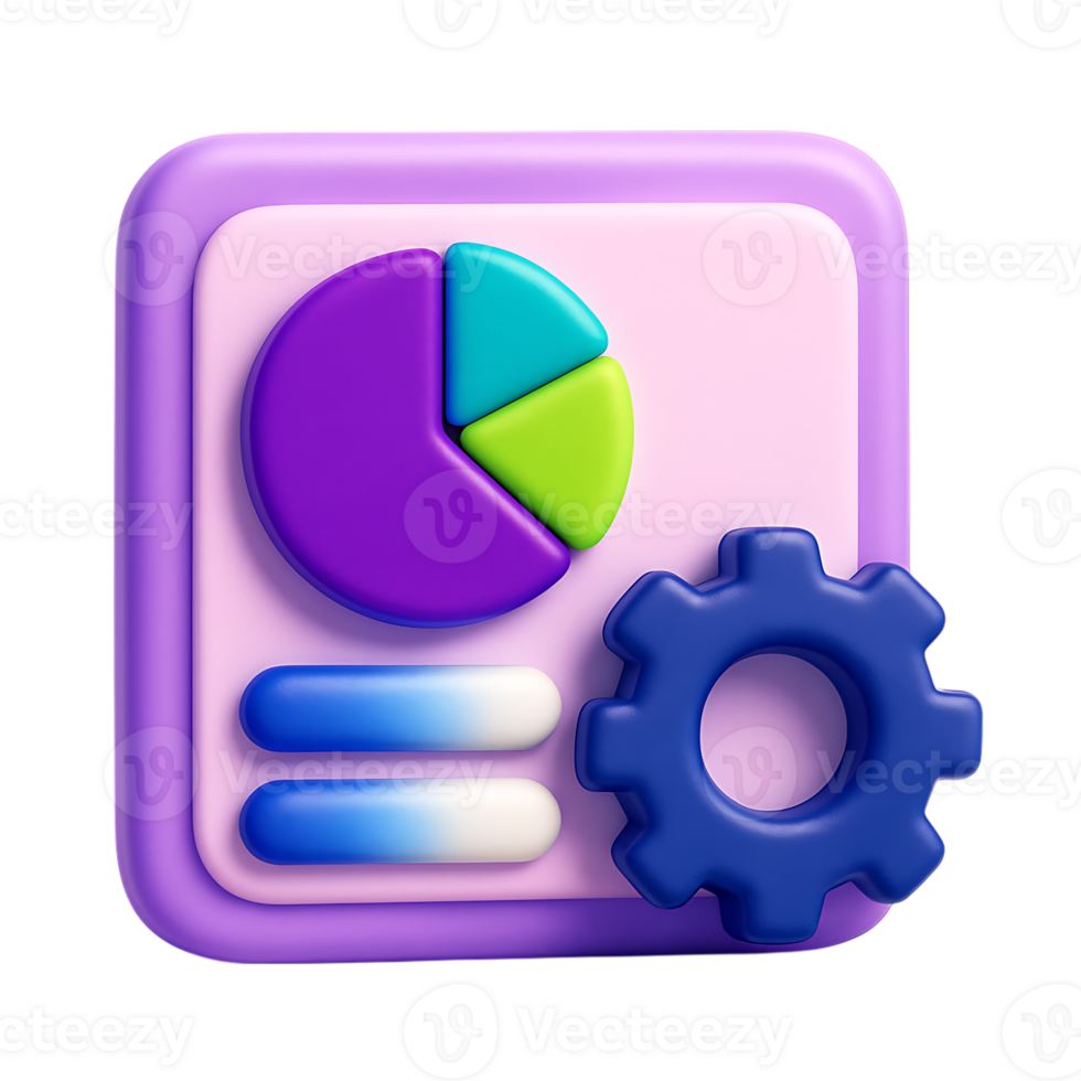 A 3d icon shows a pie chart, settings gear, and control buttons, isolated on transparent background png