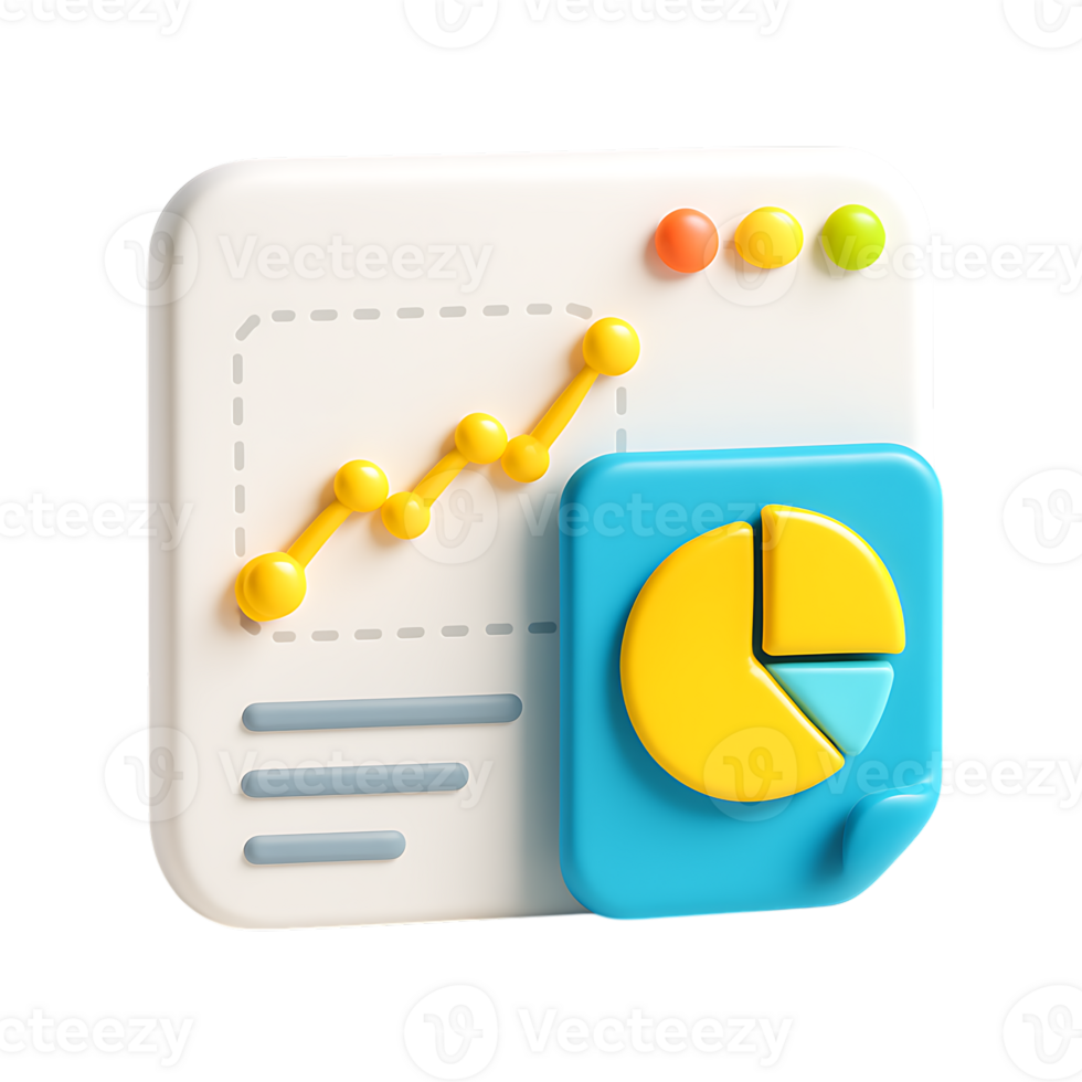 A 3d rendering of a business report icon with a graph and pie chart, isolated on transparent background png