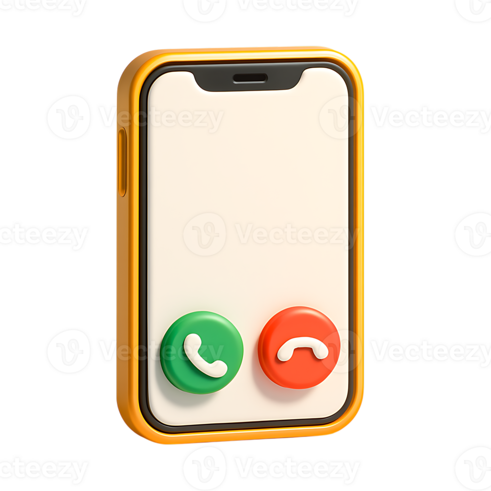 A 3d rendering of a smartphone with incoming and outgoing call buttons isolated on transparent background png