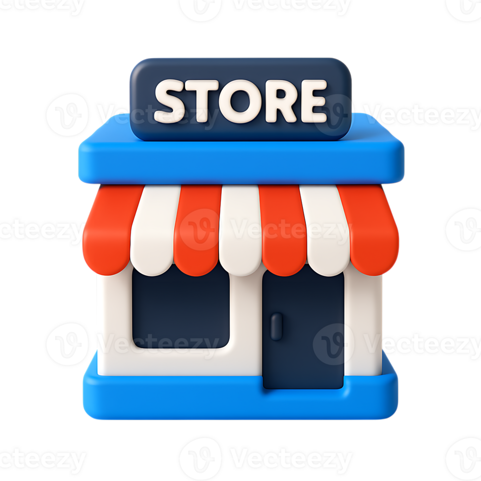 A 3d rendering of a simple store building isolated on transparent background png