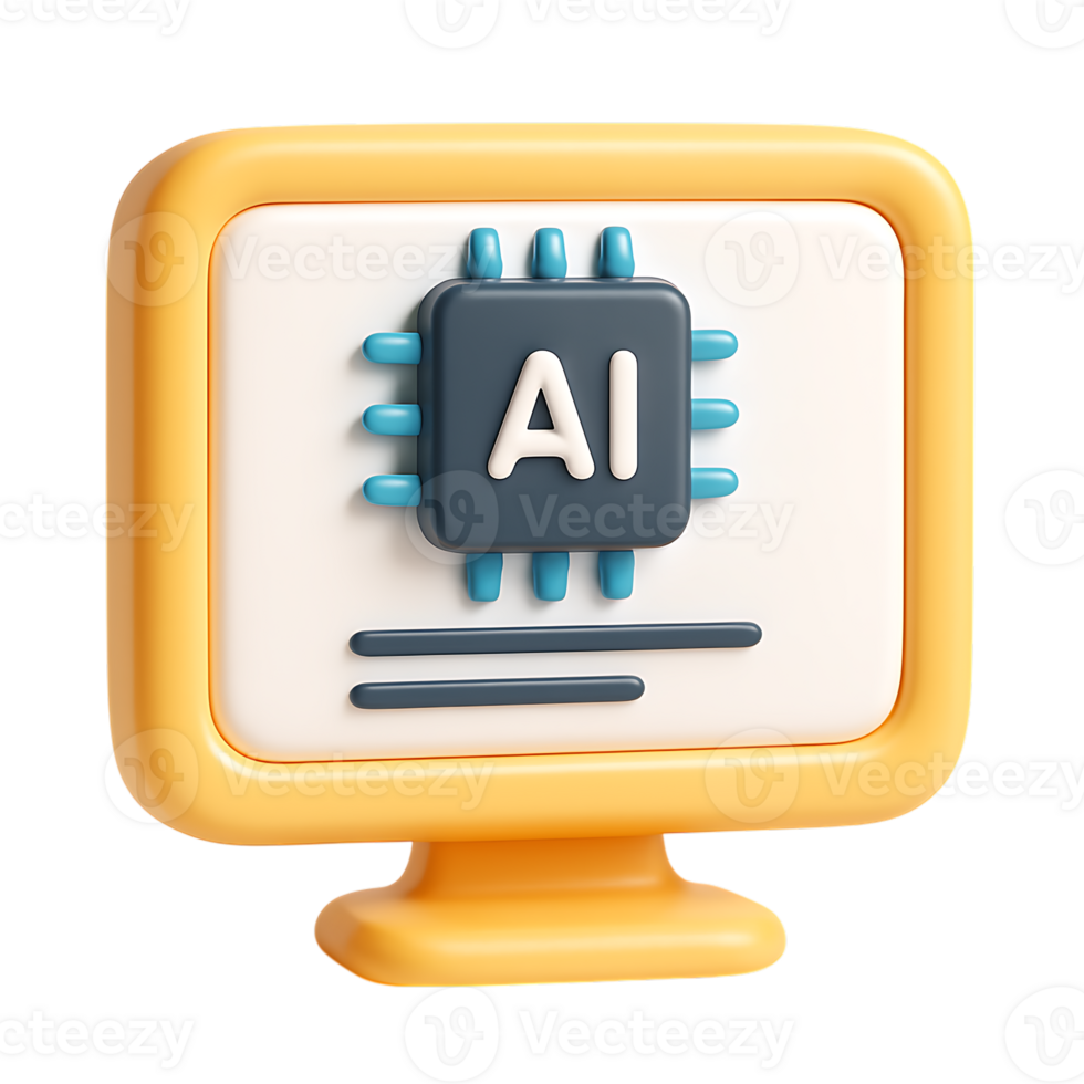 A 3d rendered computer monitor icon displaying ai on a microchip, isolated on transparent background png