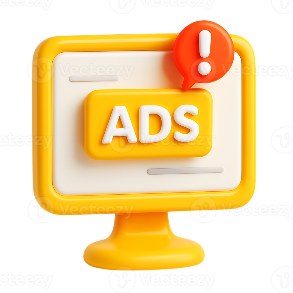 A 3d rendering of a yellow computer monitor displaying an ads button with a red warning sign isolated on transparent background png