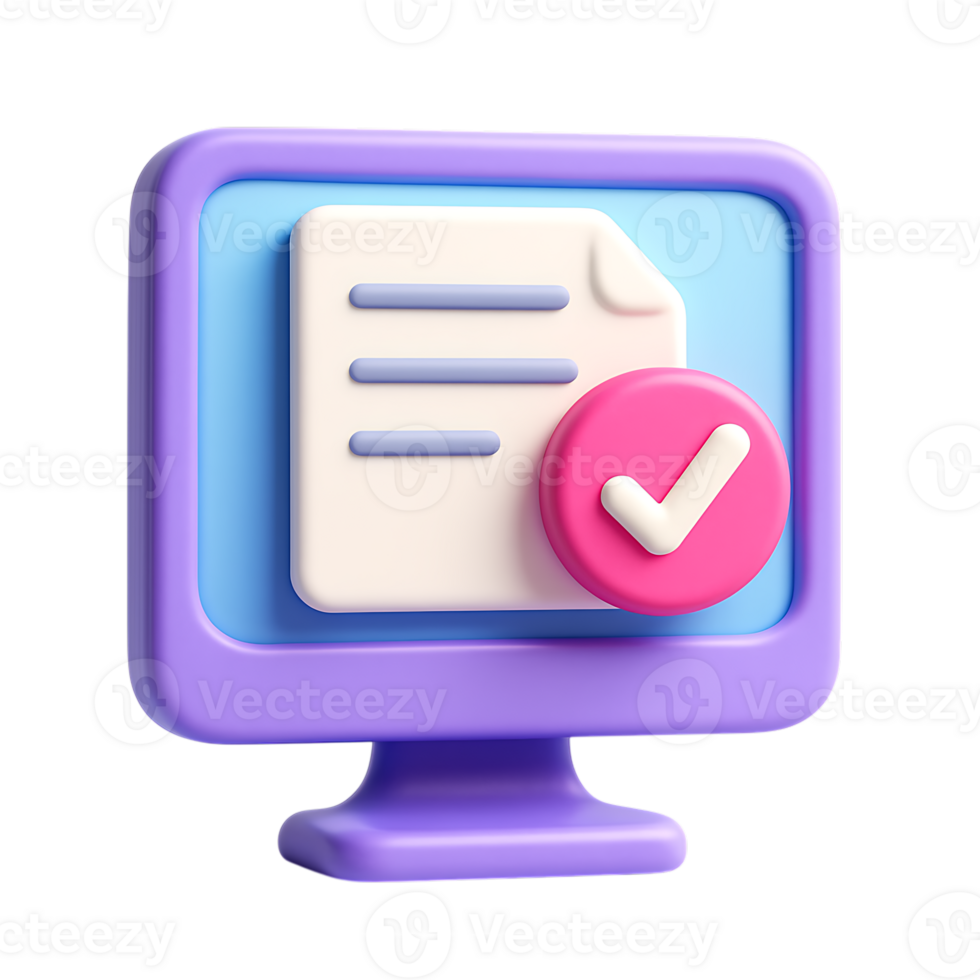 une 3d rendre de une ordinateur écran affichage une document avec une vérifier marquer, isolé sur transparent Contexte png