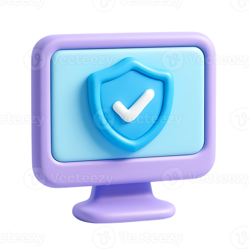 A 3d computer monitor displays a shield with a check mark, isolated on transparent background png