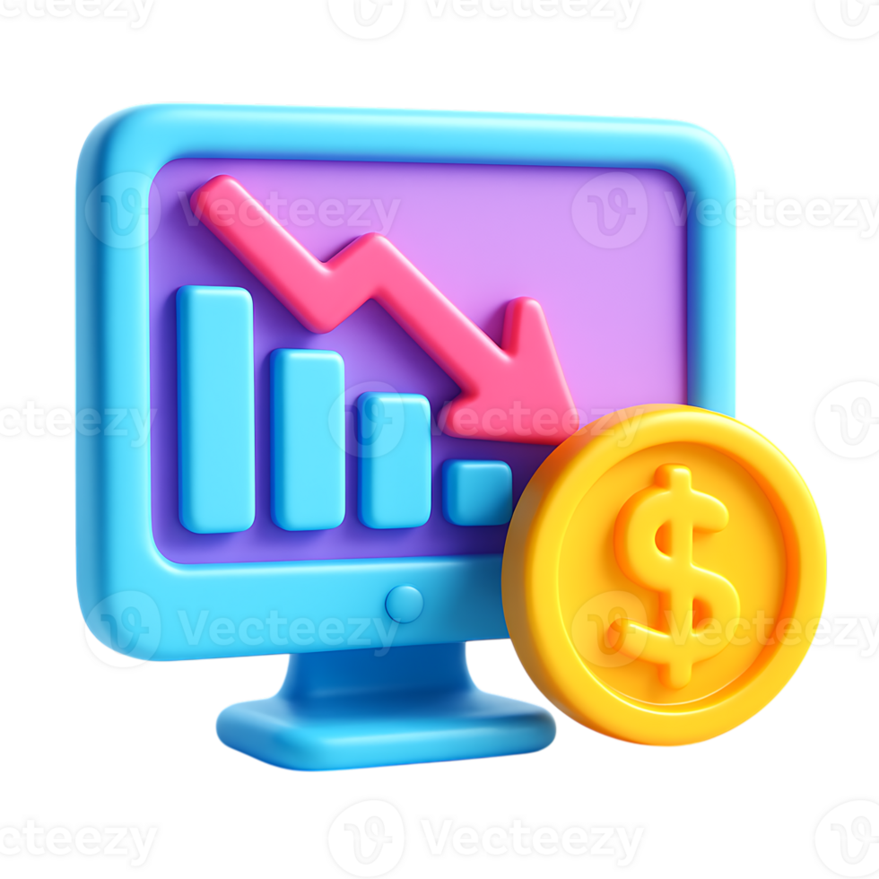 Computer screen showing a downwardpointing arrow on a bar graph, isolated on transparent background png