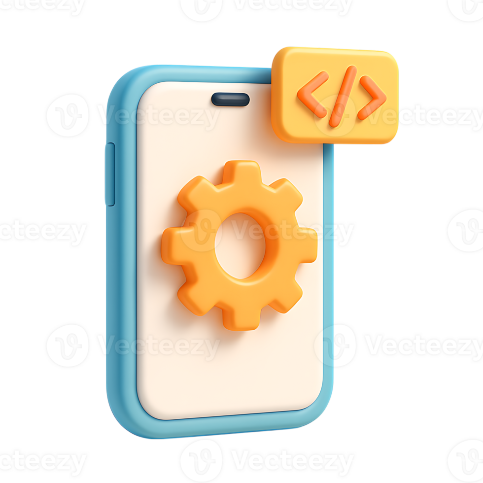 A 3d rendering of a smartphone with a gear and code icon, isolated on transparent background png