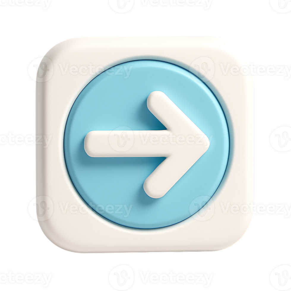 un 3d hacer de un blanco cuadrado botón con un azul circulo y un blanco flecha señalando bien, aislado en transparente antecedentes png