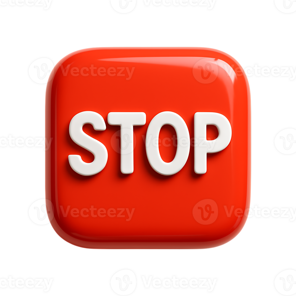 A 3d red square stop button with white text, isolated on transparent background png