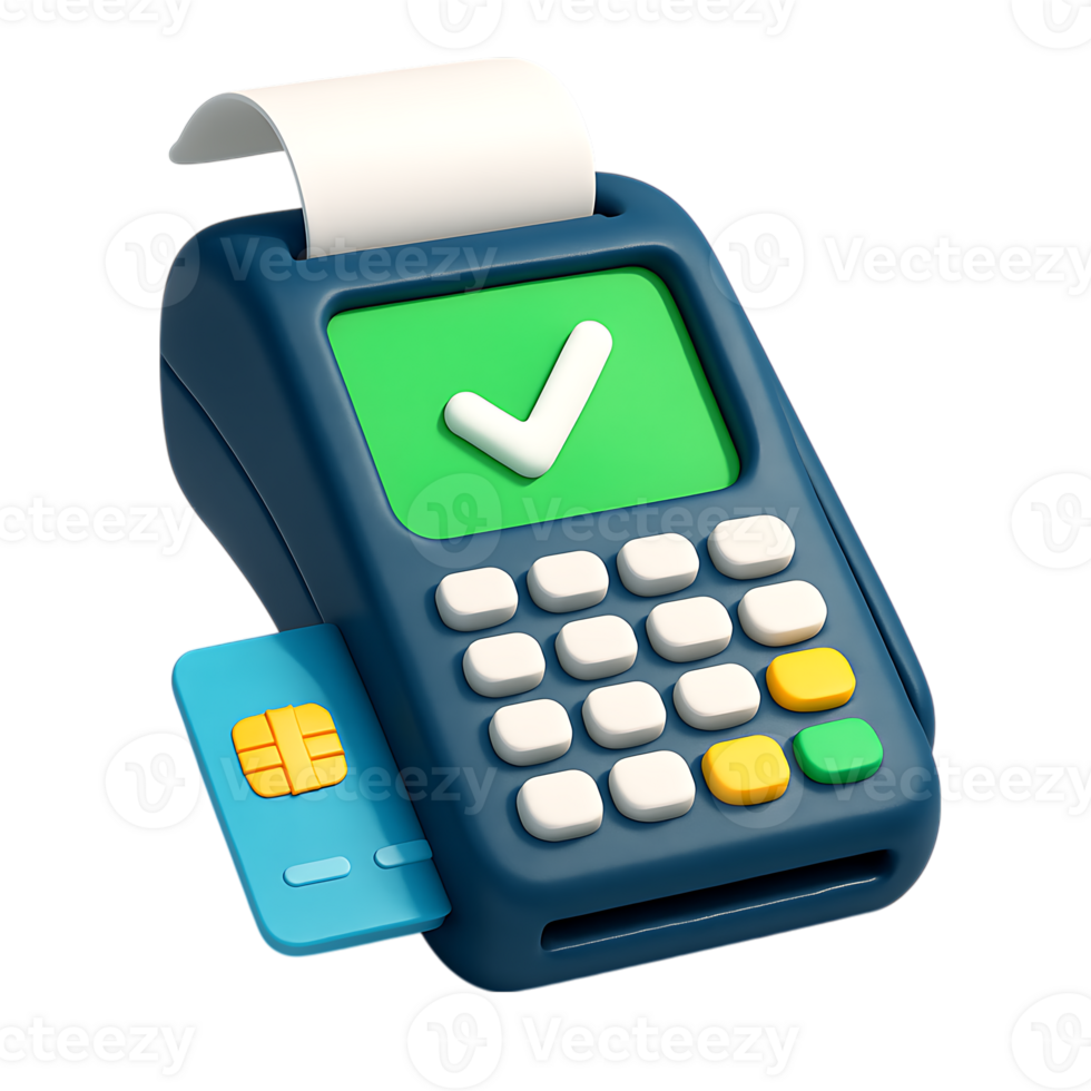 A 3d rendering of a payment terminal with a credit card, isolated on transparent background png